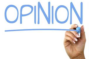 A hand holding a blue marker writing the word 'OPINION' with an underline.